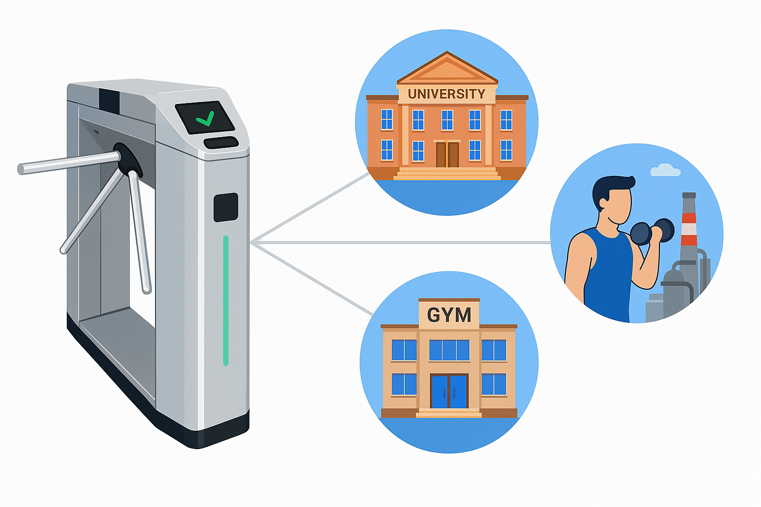 Professional access control turnstile gate with a person entering a secured area – ideal for universities, gyms, and industrial sites.